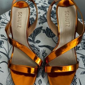 SCHUTZ Metallic Orange Strappy Slingback Heels